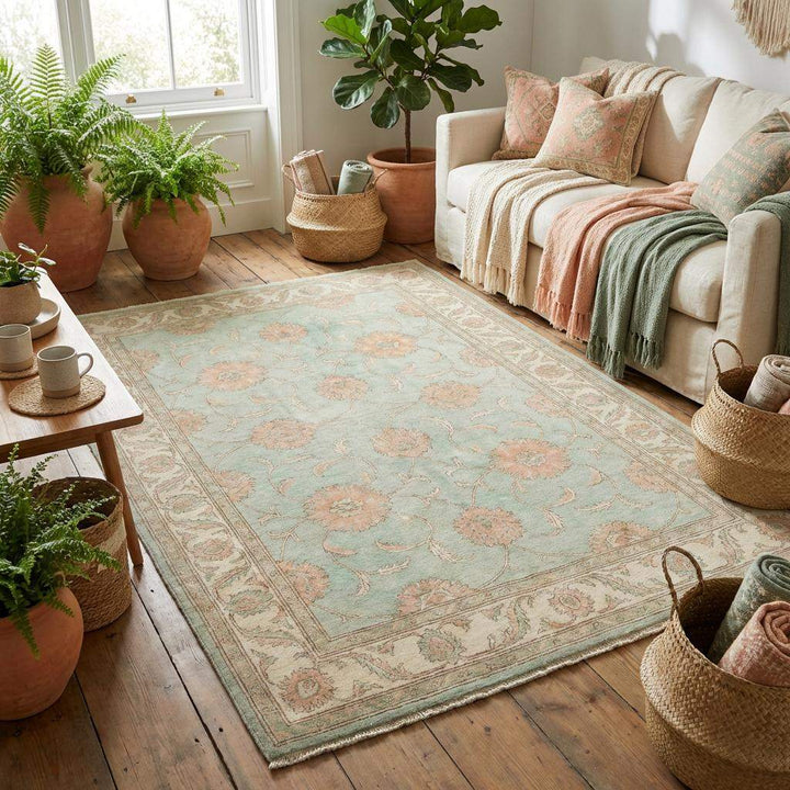 Translation missing: en.Traditional Turkish-style Oushak rug featuring an all-over floral vine design and classic bordered frame in pastel colors