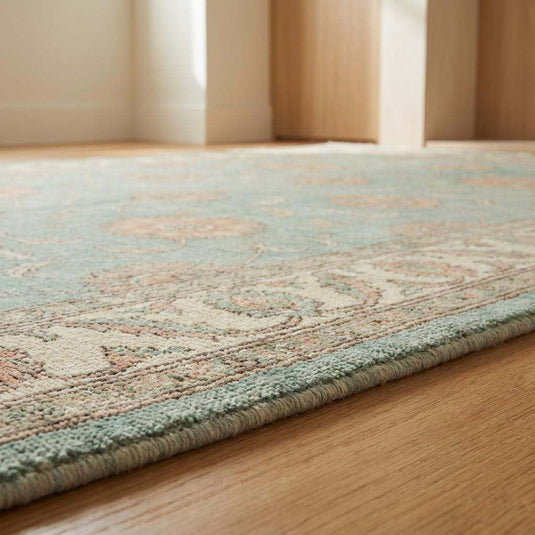 Translation missing: en.Sage Green Oushak knotted Floral Wool Area Rug, Soft Turkish Handmade Style