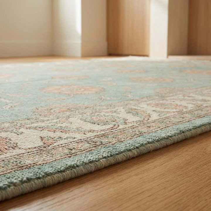 Translation missing: en.Sage Green Oushak knotted Floral Wool Area Rug, Soft Turkish Handmade Style
