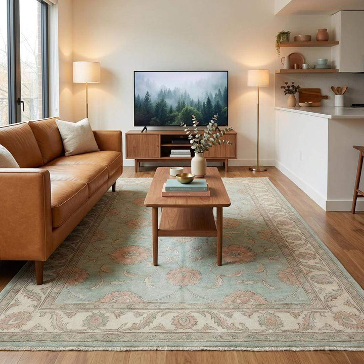 Translation missing: en.Rectangular hand knotted wool rug with subtle abrash and artisanal color variation, highlighting natural dye appearance