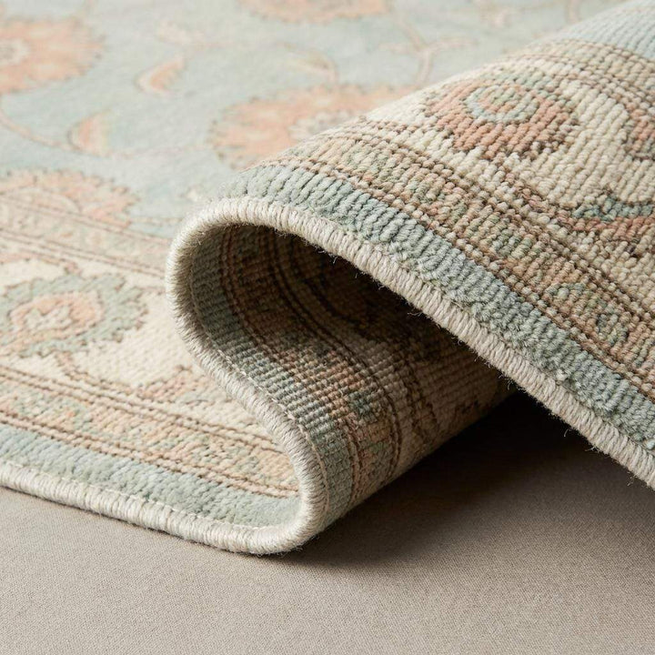 Translation missing: en.Sage Green Oushak knotted Floral Wool Area Rug, Soft Turkish Handmade Style