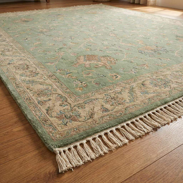 Translation missing: es.Sage Green Persian Wool Area Rug with Floral Elephant Motifs