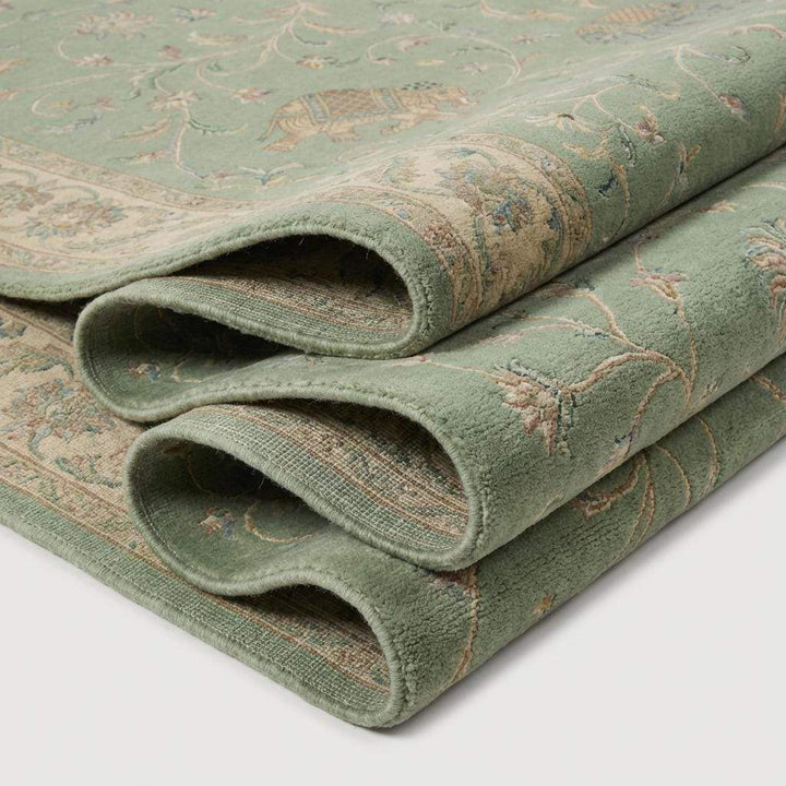 Translation missing: es.Sage Green Persian Wool Area Rug with Floral Elephant Motifs