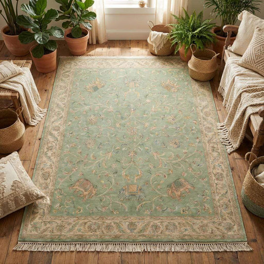 Translation missing: es.Floral hand-knotted area rug with soft sage green background and ivory border