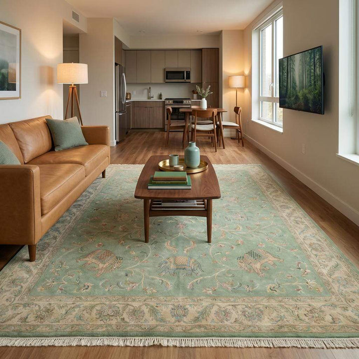 Translation missing: es.Large wool area rug featuring classic oriental design and elephant details