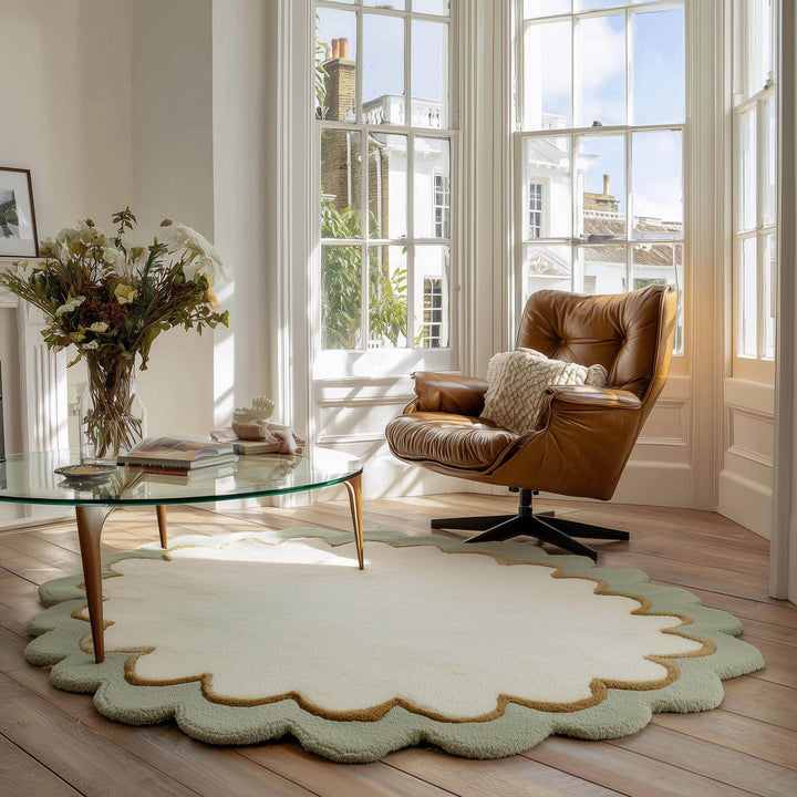 Translation missing: es.Sage Green Wool Rug: Modern Minimalist Round Carpet, White Border (6x6 ft)