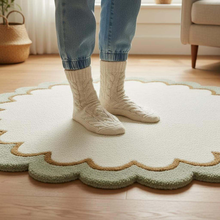 Translation missing: es.Sage Green Wool Rug: Modern Minimalist Round Carpet, White Border (6x6 ft)