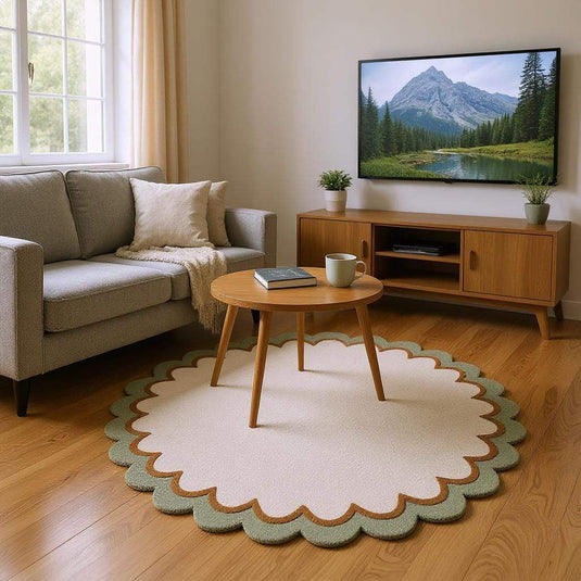 Translation missing: es.Sage Green Wool Rug: Modern Minimalist Round Carpet, White Border (6x6 ft)