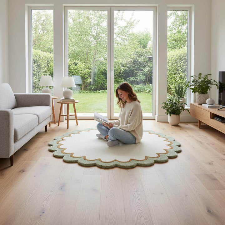 Translation missing: es.Sage Green Wool Rug: Modern Minimalist Round Carpet, White Border (6x6 ft)