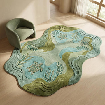 Translation missing: es.Coastal sage green sea turtle area rug with sculpted texture and ocean-inspired design