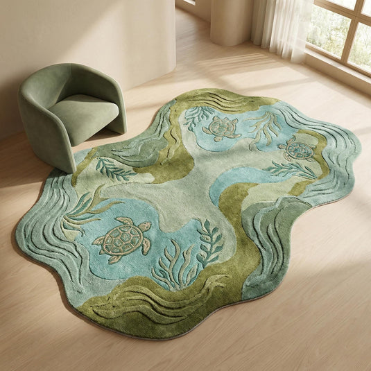 Translation missing: es.Coastal sage green sea turtle area rug with sculpted texture and ocean-inspired design