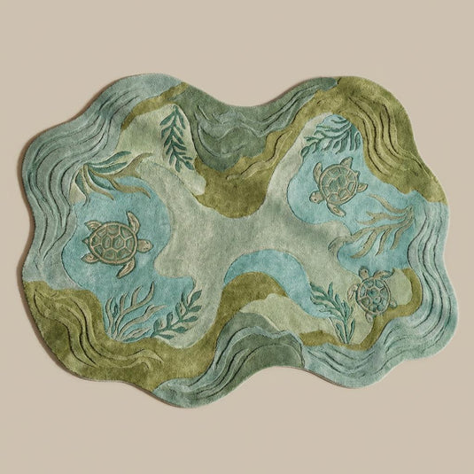 Translation missing: es.Top-down view of irregular shaped coastal turtle area rug displaying full ocean-inspired pattern, flowing wave details, and sculpted border design