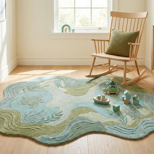 Translation missing: es.Soft ocean nursery rug with sea turtle design styled in a calming baby room, creating a cozy and soothing floor space for children