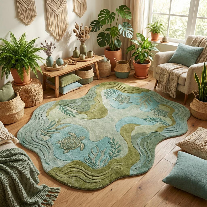 Translation missing: es.Coastal themed sea turtle rug placed in a modern living room with natural light, highlighting sage green tones and ocean-inspired décor compatibility