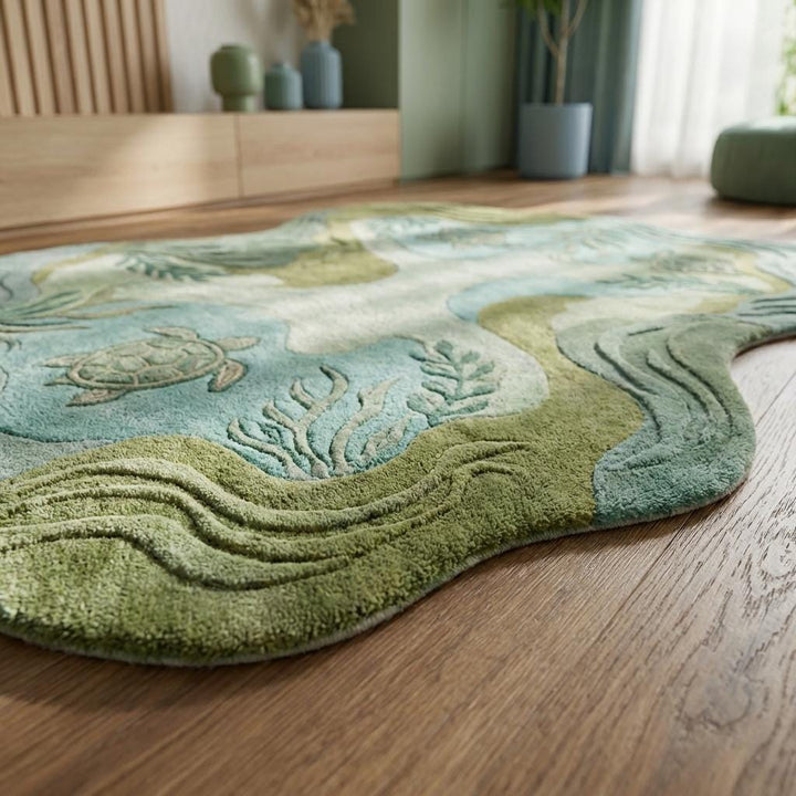 Translation missing: es.Detailed view of curved rug edge and carved wave pattern showing thickness, plush pile height, and handcrafted tufted finish