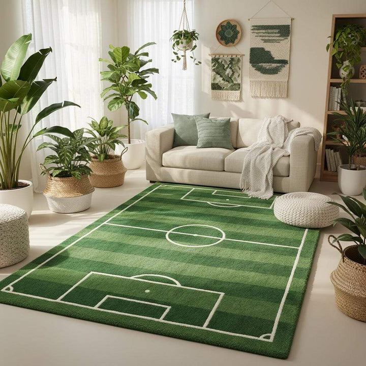 Translation missing: es.Rectangular soccer pitch rug with detailed field markings, white boundary lines and center circle design clearly visible on green background