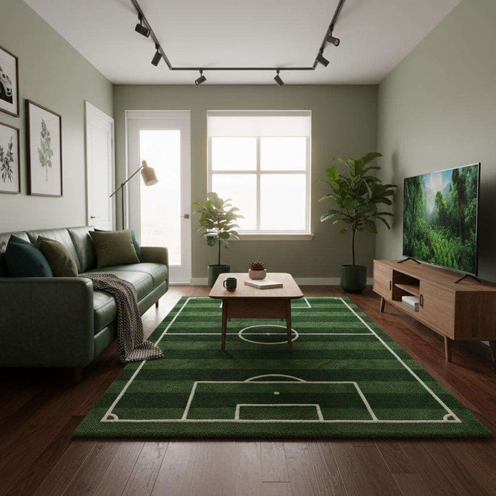 Translation missing: es.Green tone variation on soccer rug surface with layered grass-like shading and crisp white line contrast for realistic field appearance