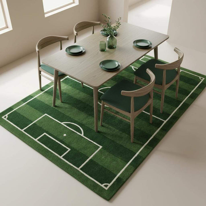 Translation missing: es.Finished edge and tufted surface detail of soccer-themed rug showing clean binding and consistent pile work for durable everyday use