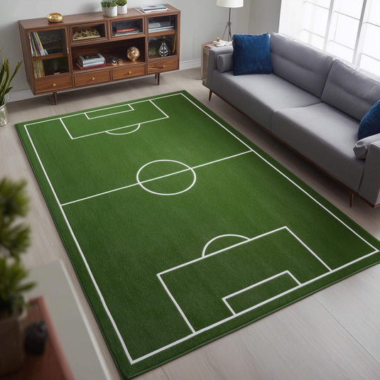 Translation missing: es.Vibrant green soccer field rug with white markings, ideal for kids' playroom and sports decor