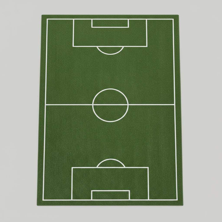 Translation missing: es.Sports-themed rug styled in modern room with sofa and cabinet, adding playful soccer decor