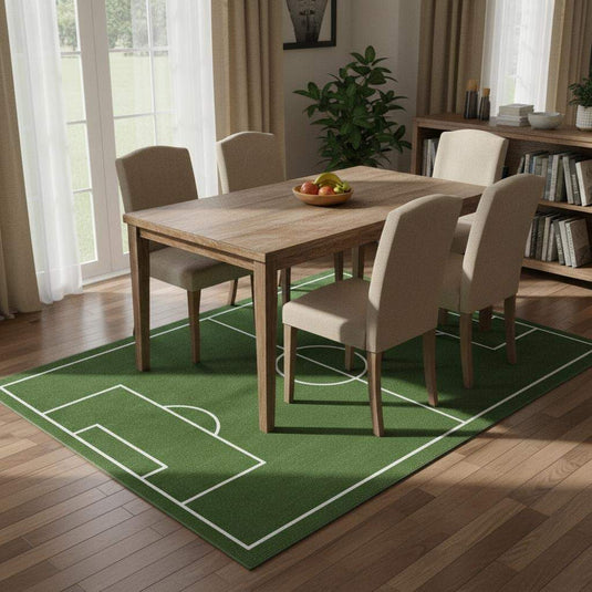 Translation missing: es.Overhead view of rectangular soccer field rug showing goal boxes, center circle, and crisp white lines