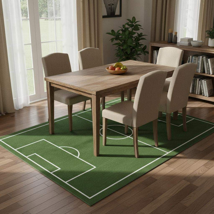Translation missing: es.Overhead view of rectangular soccer field rug showing goal boxes, center circle, and crisp white lines