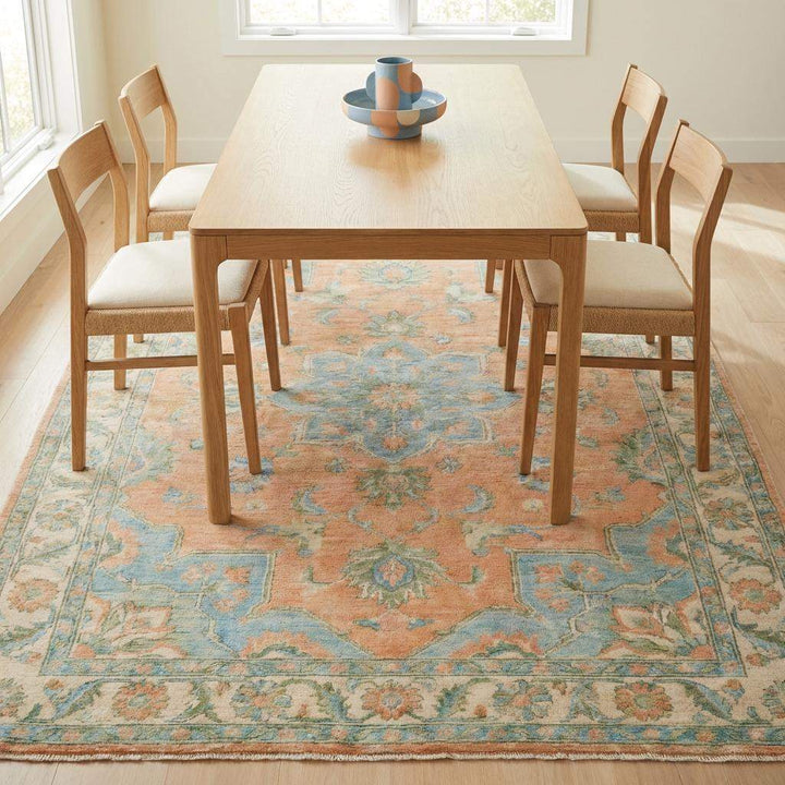 Translation missing: en.Soft Peach Oushak Area Rug with Blue Medallion Hand Knotted Wool
