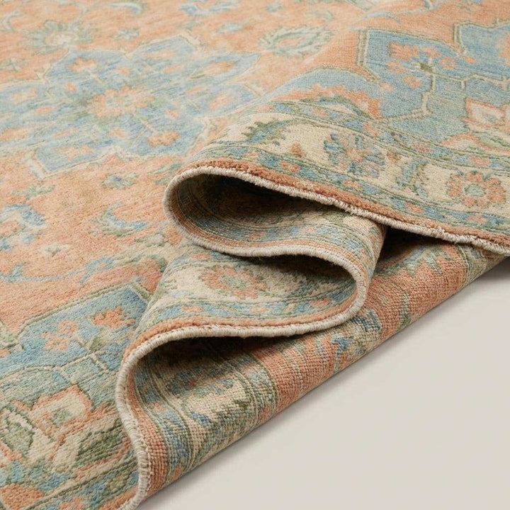 Translation missing: en.Soft Peach Oushak Area Rug with Blue Medallion Hand Knotted Wool