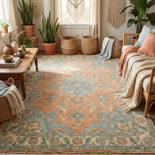 Translation missing: en.Persian style medallion rug with pastel peach and dusty blue tones