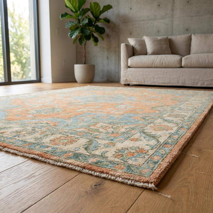 Translation missing: en.Soft Peach Oushak Area Rug with Blue Medallion Hand Knotted Wool