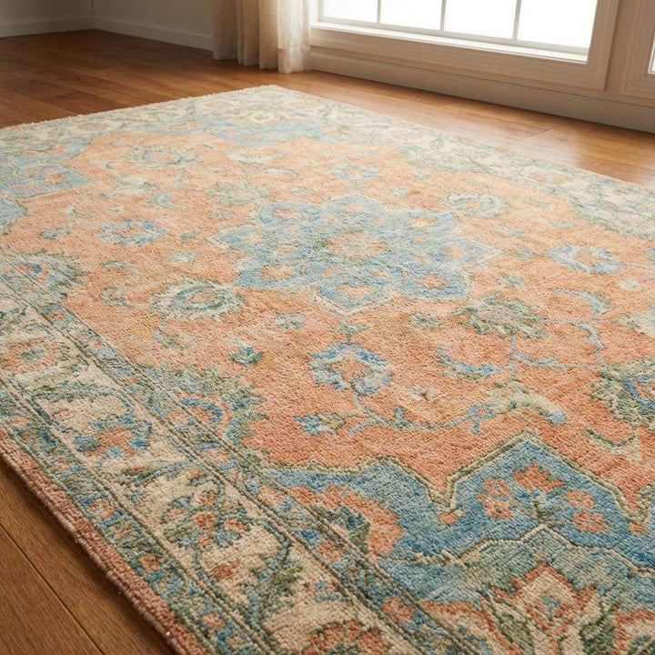 Translation missing: en.Large hand knotted wool area rug with floral border and vintage inspired pattern