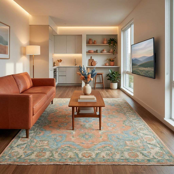 Translation missing: en.Soft Peach Oushak Area Rug with Blue Medallion Hand Knotted Wool