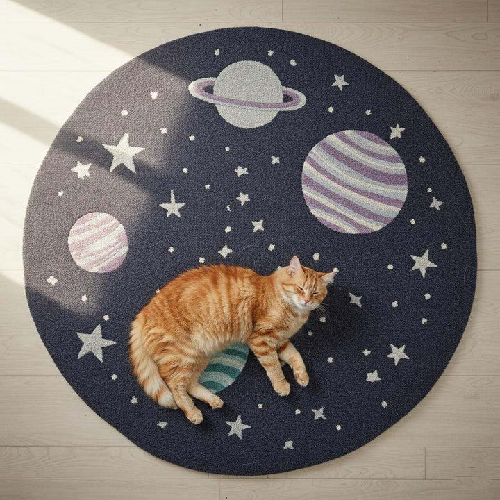 Translation missing: es.Space theme round rug with astronaut design and vibrant planets in navy tones, stain-resistant wool nursery carpet