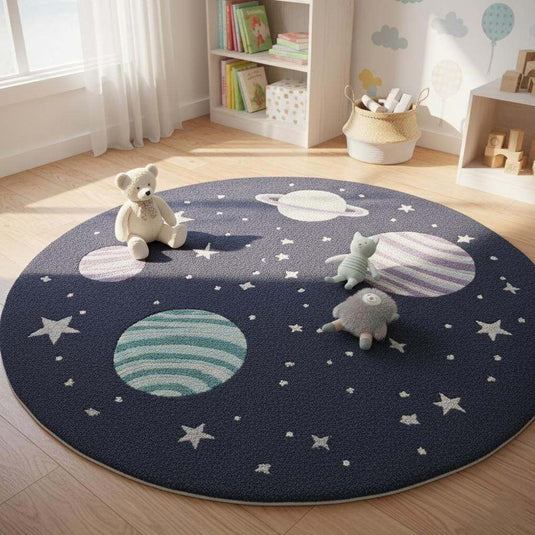 Translation missing: es.Space Theme Round Rug with astronaut and planets in navy blue nursery decor