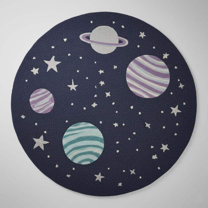 Translation missing: es.Space theme round rug with astronaut and planet patterns for nursery decor