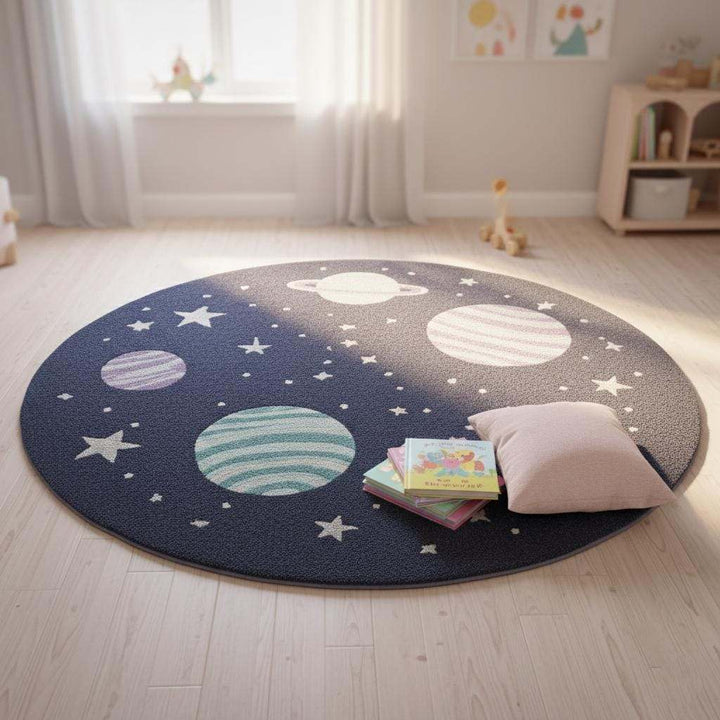 Translation missing: es.Space Theme Round Rug with astronaut and planets design, stain-resistant wool nursery carpet