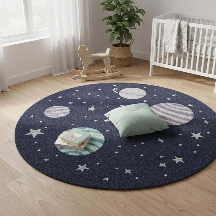 Translation missing: es.Space theme round rug with astronaut and planet design, stain-resistant New Zealand wool nursery carpet