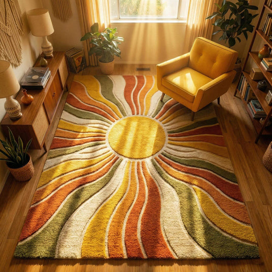 Translation missing: es.Sunburst boho wool area rug with hand-tufted mid-century sunburst pattern in warm retro colors