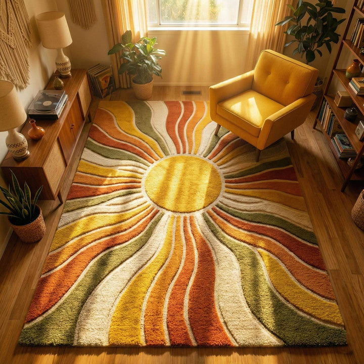 Translation missing: es.Sunburst boho wool area rug with hand-tufted mid-century sunburst pattern in warm retro colors