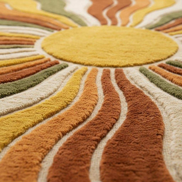 Translation missing: es.Close-up of hand-tufted wool pile showing thick plush fibers and raised sunburst pattern texture
