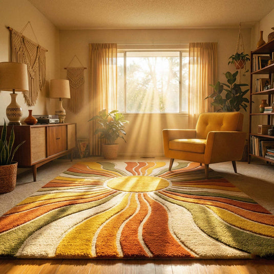 Translation missing: es.Living room placement of colorful sunburst area rug in mid-century boho interior