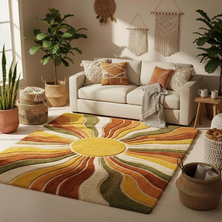 Translation missing: es.Color variation view of vintage inspired boho rug with warm earth tone palette