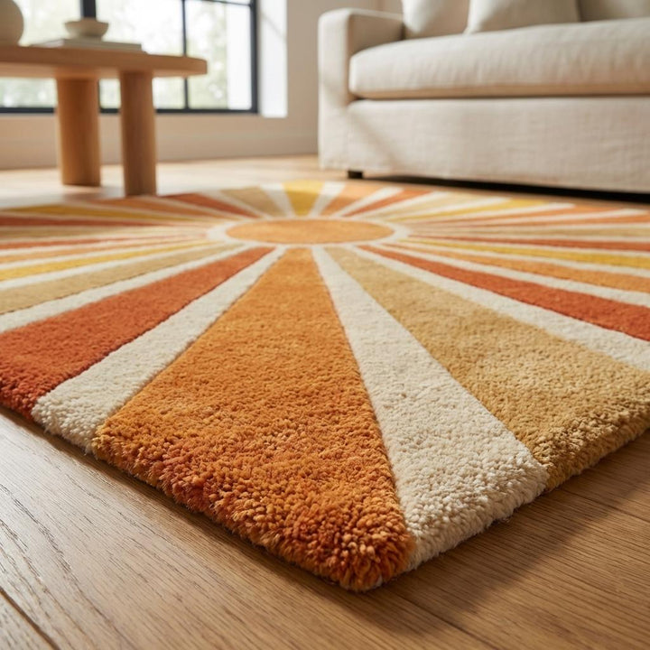 Translation missing: es.Sunburst Hand Tufted Wool Area Rug 8x10, Mid Century Modern Retro Geometric Living Room Rug