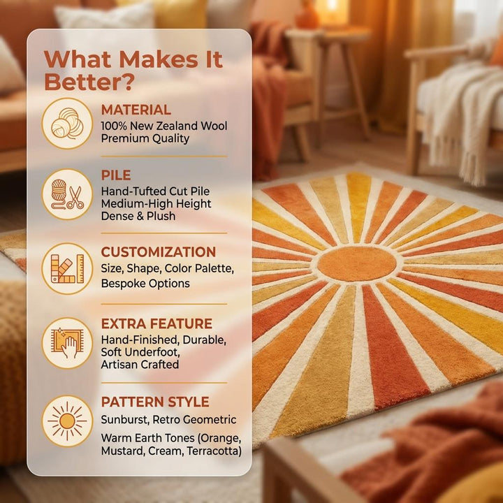 Translation missing: es.Sunburst Hand Tufted Wool Area Rug 8x10, Mid Century Modern Retro Geometric Living Room Rug
