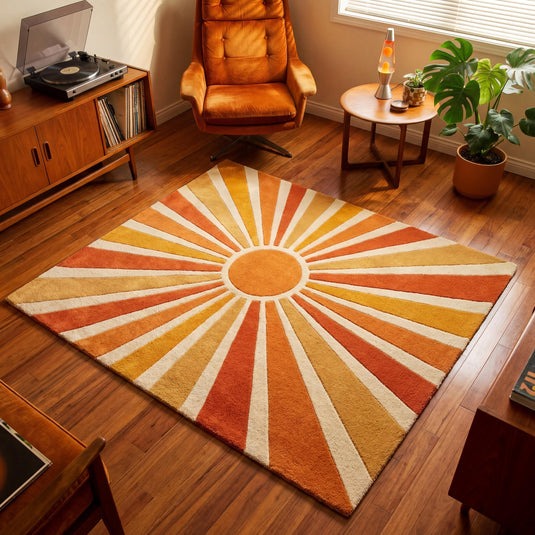 Translation missing: es.Mid-century modern sunburst hand tufted wool rug with geometric burnt orange, rust, mustard, and cream pattern, 8x10 area rug