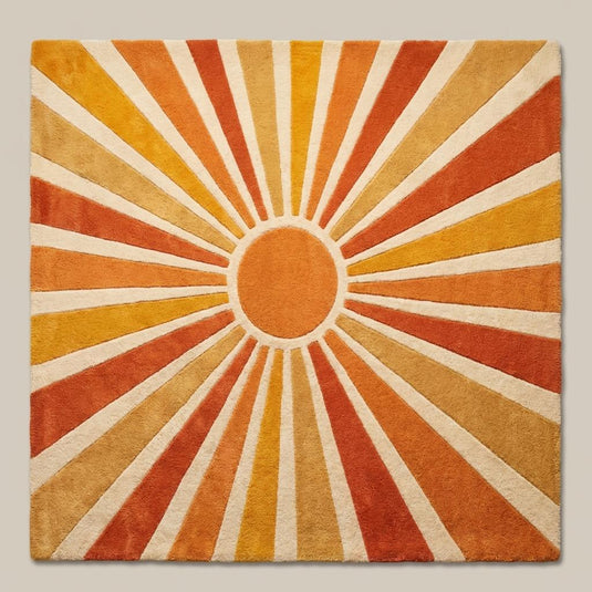Translation missing: es.Retro sunburst geometric wool area rug with bold radiating lines in orange rust mustard and cream mid century modern style