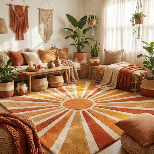 Translation missing: es.Hand tufted modern sunburst area rug styled in a mid century living room with warm wood furniture and vintage decor