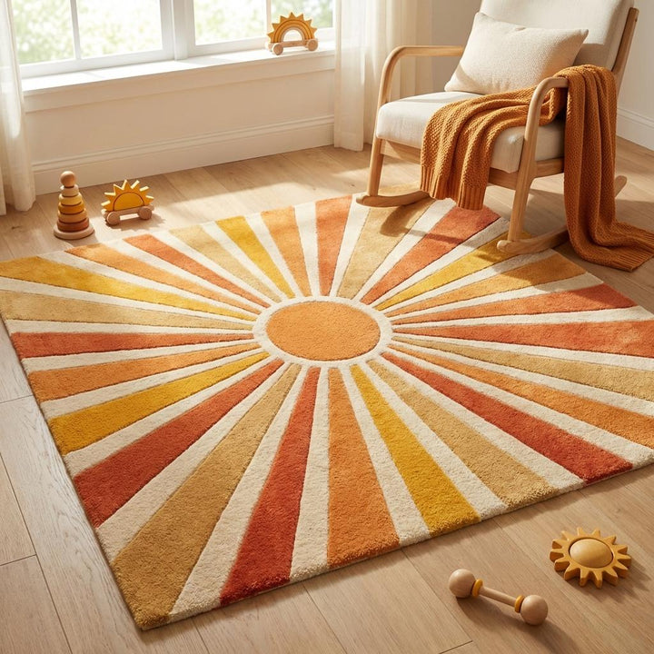 Translation missing: es.Modern geometric sunburst wool rug statement piece for living room interior design with retro inspired color palette