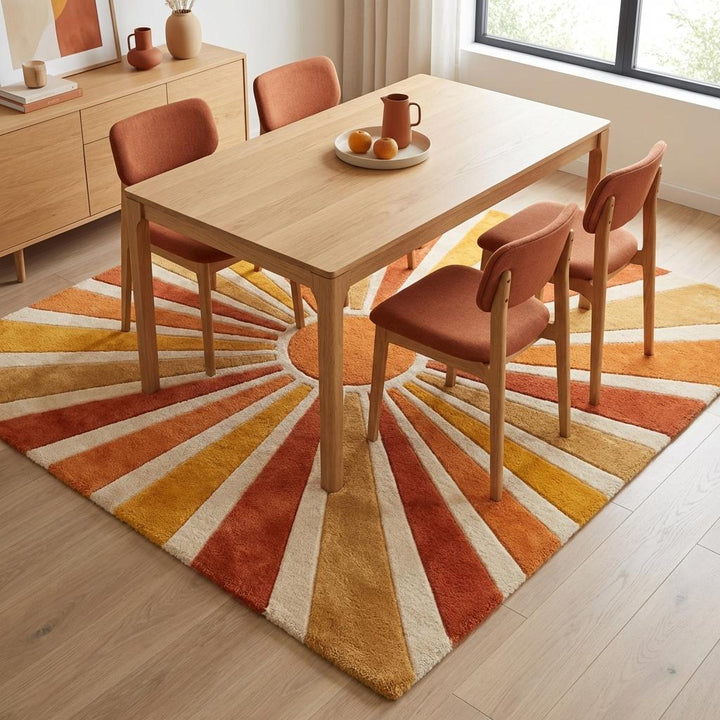 Translation missing: es.Sunburst Hand Tufted Wool Area Rug 8x10, Mid Century Modern Retro Geometric Living Room Rug