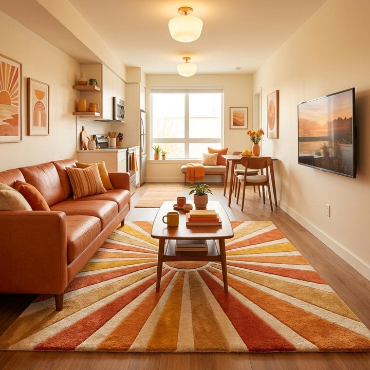 Translation missing: es.Large 8x10 retro sunburst area rug featuring warm orange mustard rays radiating from center in mid century modern home decor style